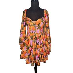 FARM RIO Tiered Mini Dress Small Balloon Sleeves Smocked Sweetheart Oranges Bird